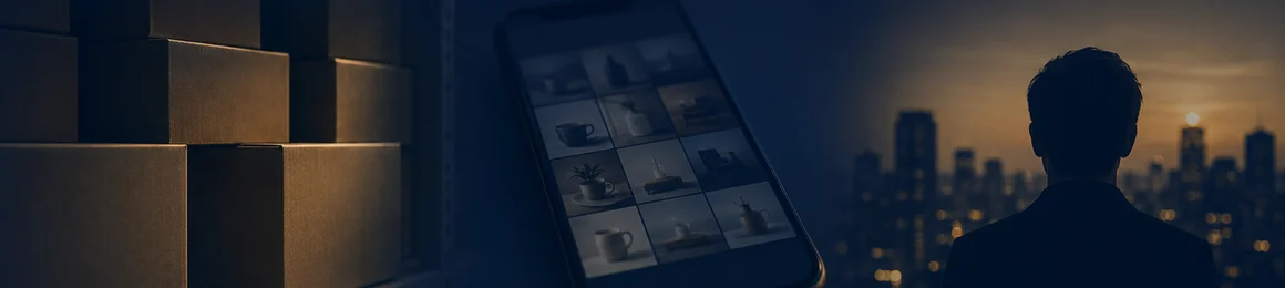 自社ブランド商品の箱、Instagramの投稿画面、夜の街を見る人物を並べた帯の写真