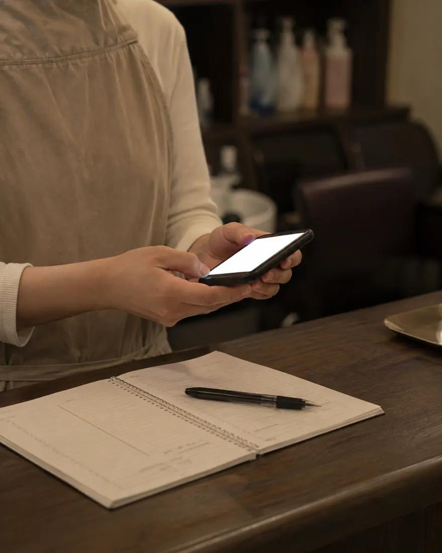 スマートフォンで自分の店のページを確認する店主